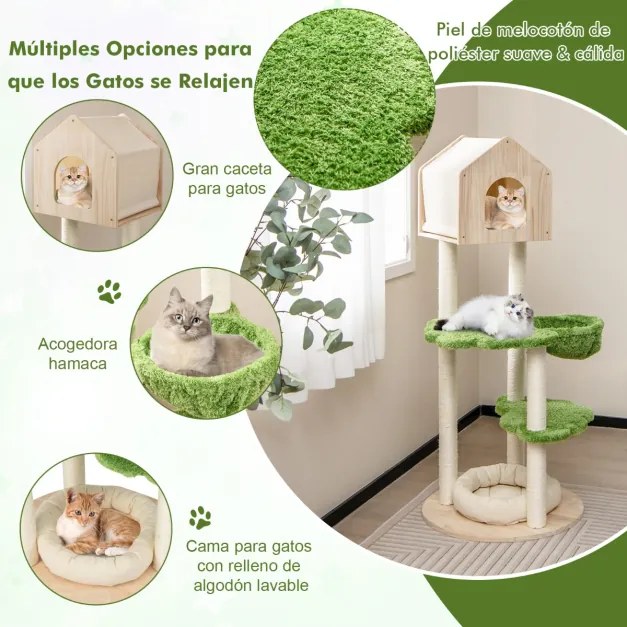 Arranhador para gatos Altura 139 cm com arranhadores de sisal Arranhadores de sisal Plataformas de salto Poleiro e rede Torre para gatos em madeira Ve