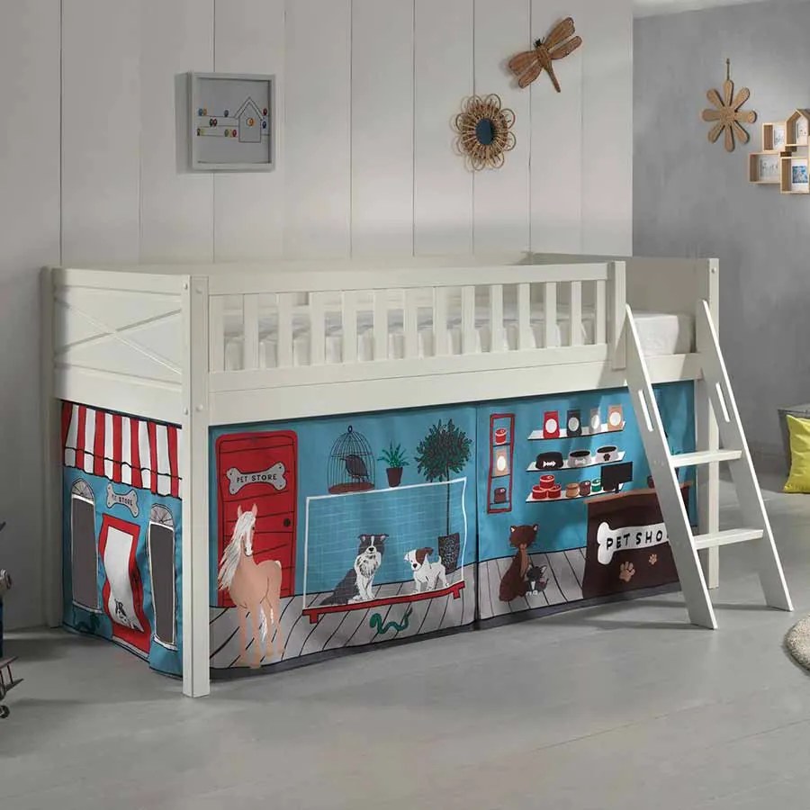 Conjunto cama alta Infantil SCOTT + cortina de brincar PET SHOP Branca