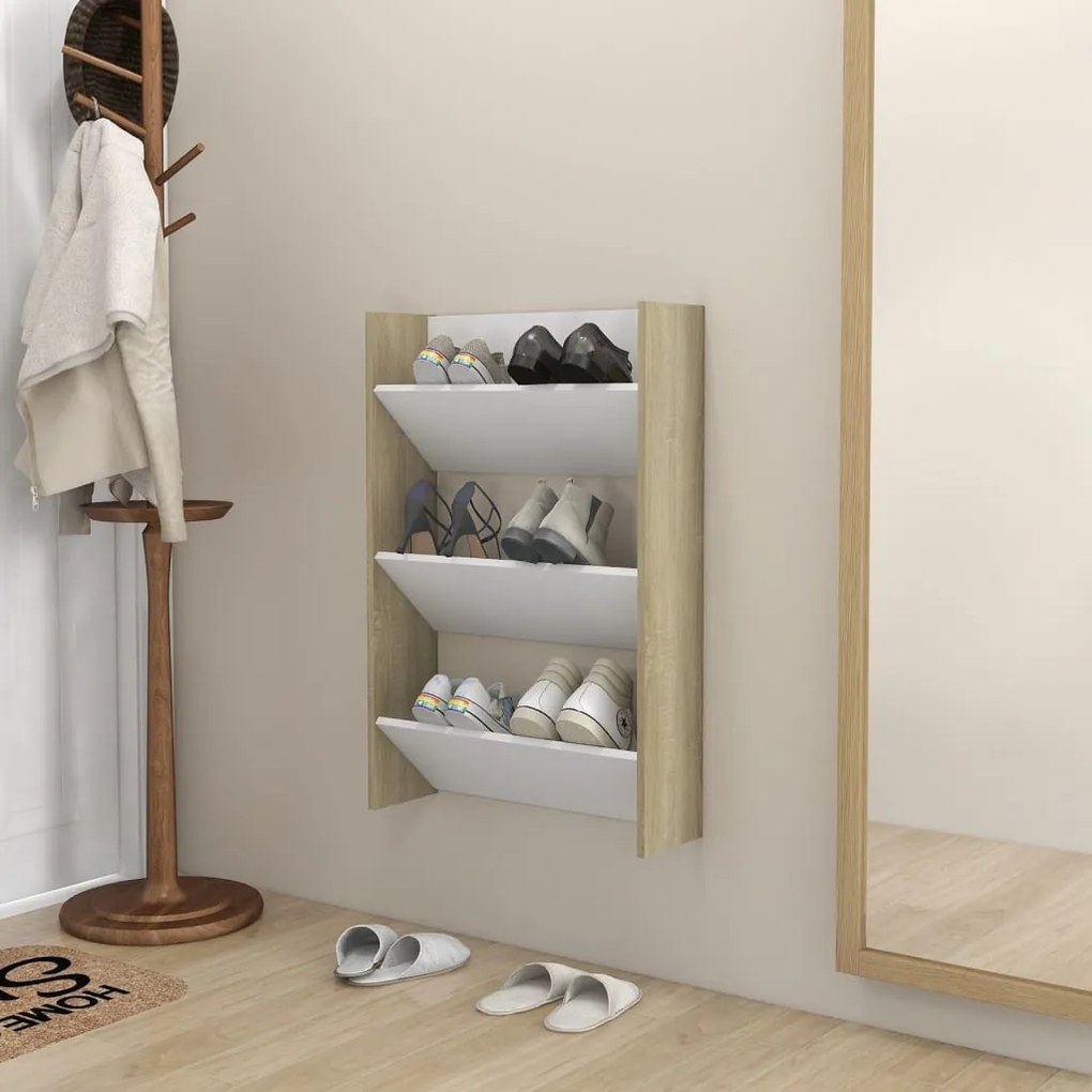 vidaXL Sapateira de parede 60x18x90cm contrapl. branco/carvalho sonoma
