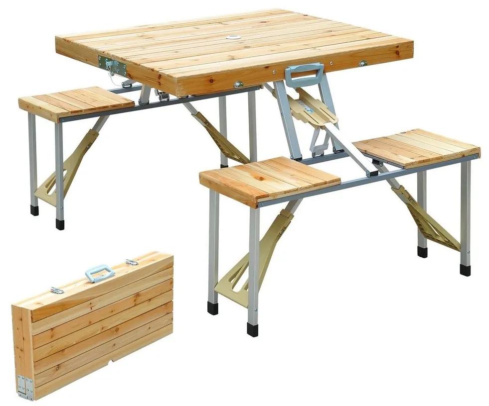 Mesa desdobrável de madeira de pinho para acampamento ou praia 4 assentos - Castanho - 85x72.5x68cm