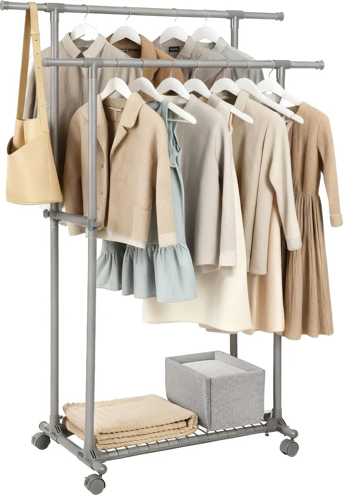 Guarda roupa aberto com rodas, extensível, (87-150) x 52 x 166 cm Cinza