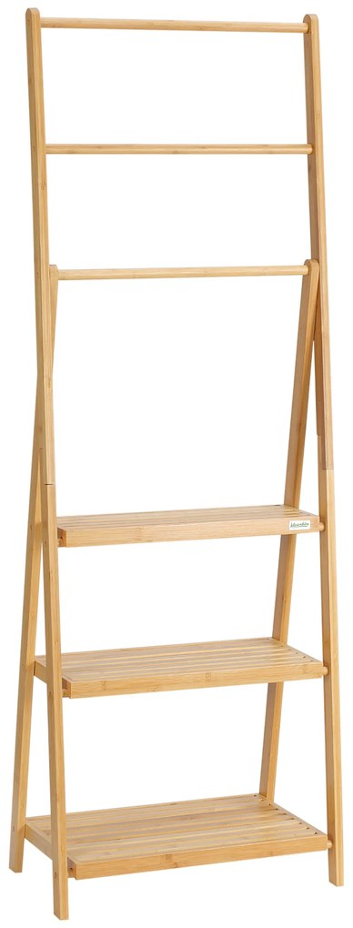 kleankin Toalheiro de Pé de Bambu 53x30,5x152cm com 3 Barras Toalheiro Dobrável com 3 Prateleiras de Armazenamento Madeira | Aosom Portugal