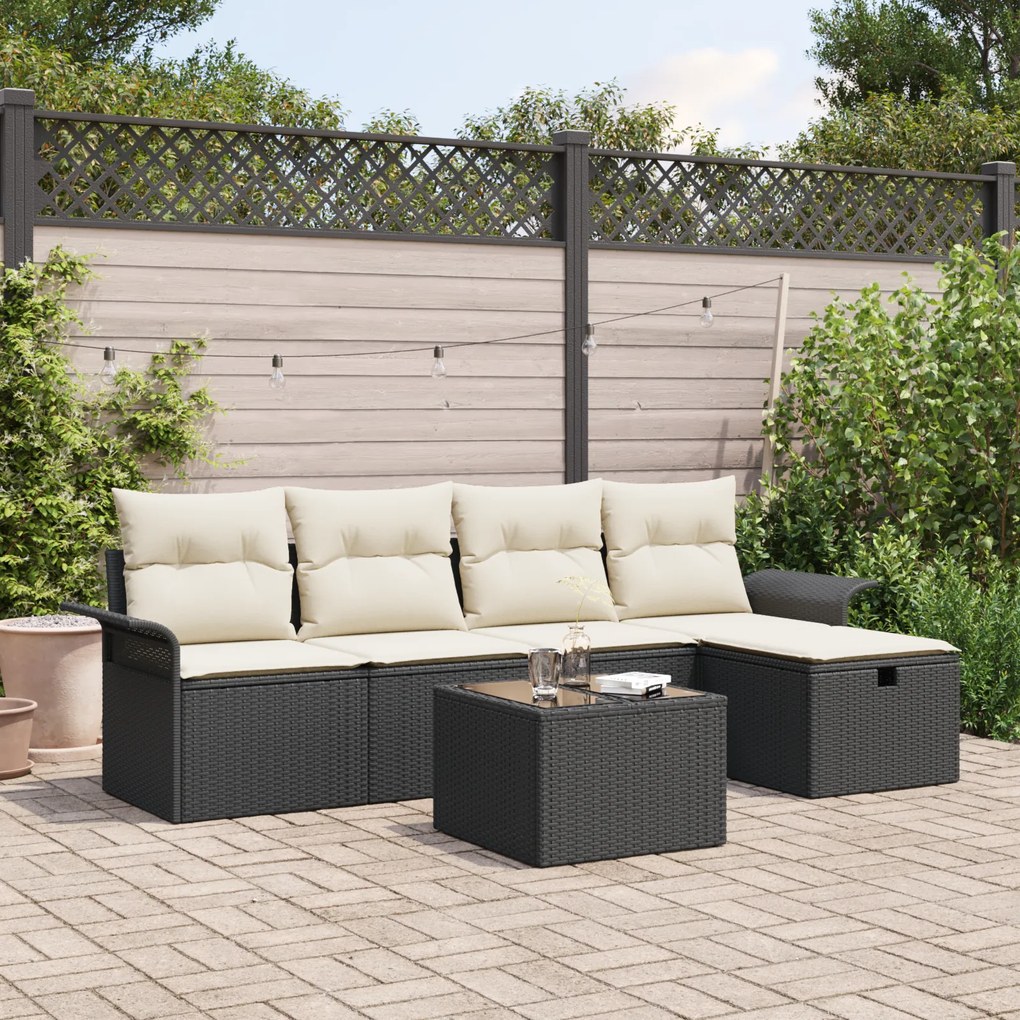 Conjunto de Sofá de Jardim de 6 Peças com Almofadas Pretas de Vime PE,