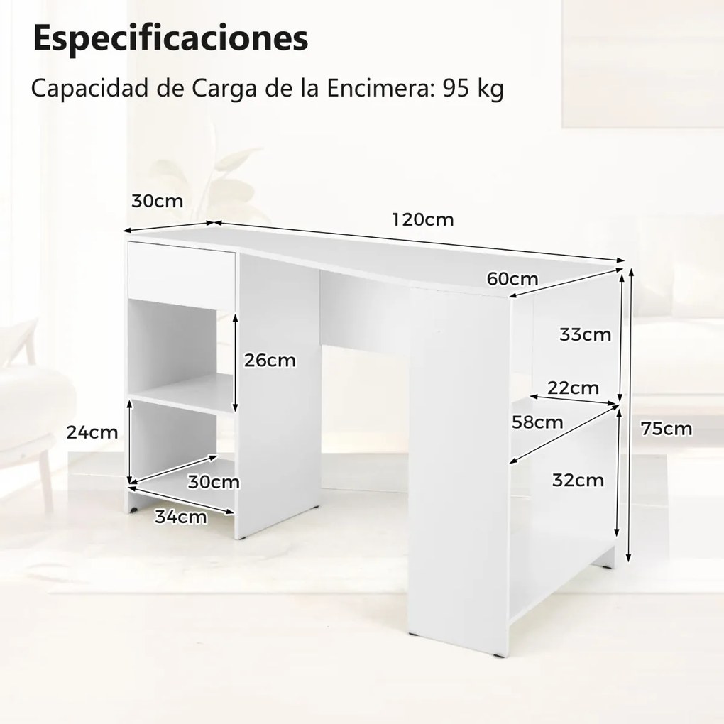 Secretária de computador de canto em forma de L 120 cm com gaveta e Estantes Branca