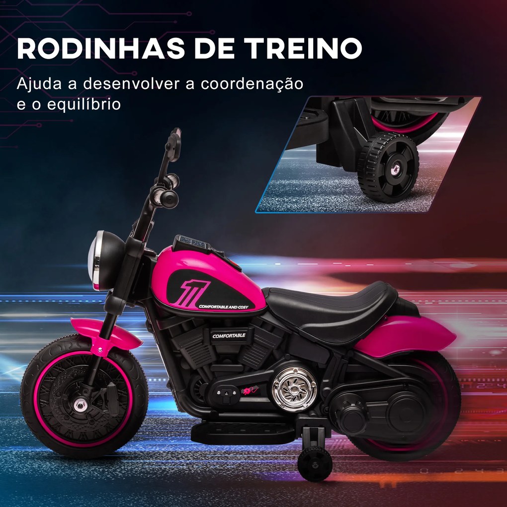 Mota Elétrica para Crianças de 18-36 Meses com Bateria 6V Farol e Rodas Auxiliares Removíveis 76x42x57 cm Rosa