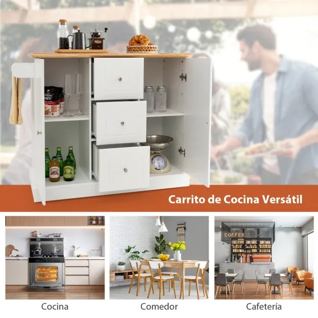 Carrinho Ilha de cozinha sobre rodas com banco de madeira 3 gavetas 2 armários com prateleiras reguláveis Branco