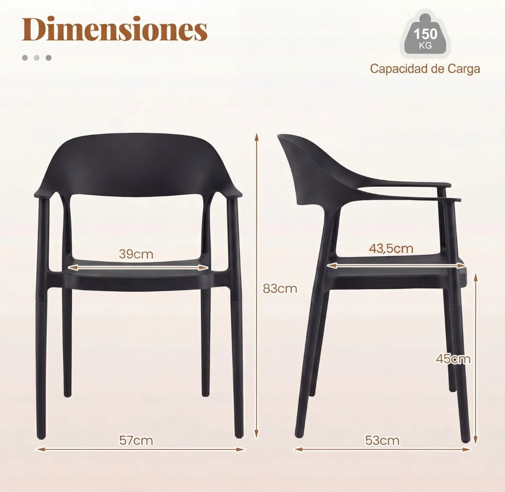 Cadeira de jantar em plástico com encosto curvo, braços e assento amplo; para uso interior e exterior, na sala, terraço ou jardim Preta