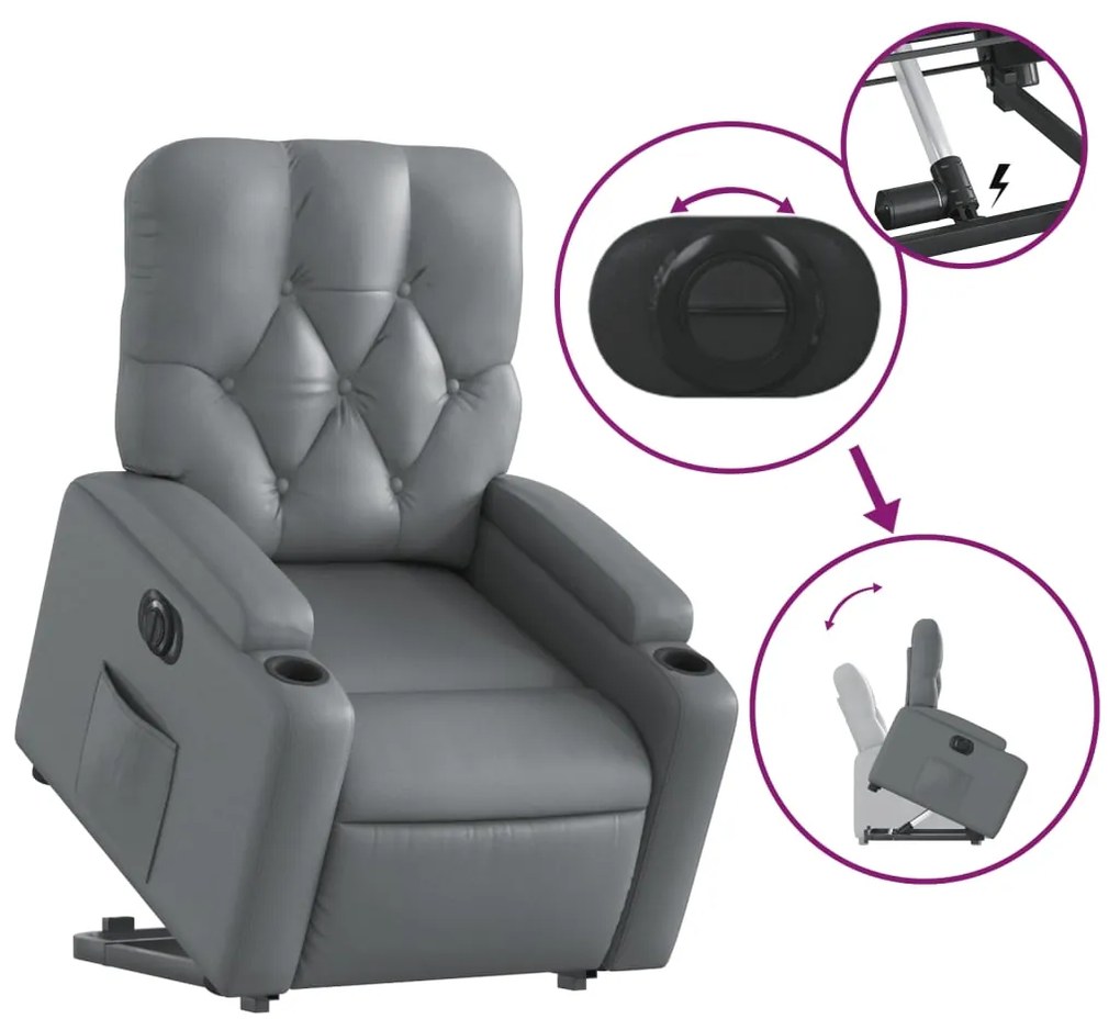Poltrona reclinável elevatória elétrica couro artif. cinzento