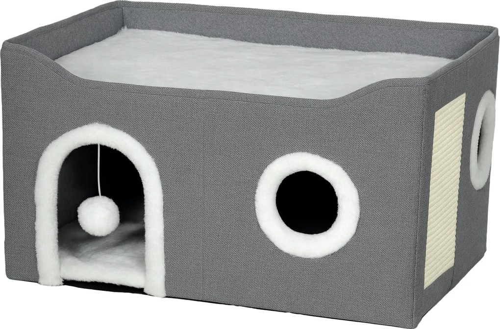 PawHut Casa para Gatos Dobrável com Arranhador 3 Entradas Bola Pendurada Almofada Reversível em Pelúcia e Tipo Linho 60x40x34 cm Cinza | Aosom Portugal