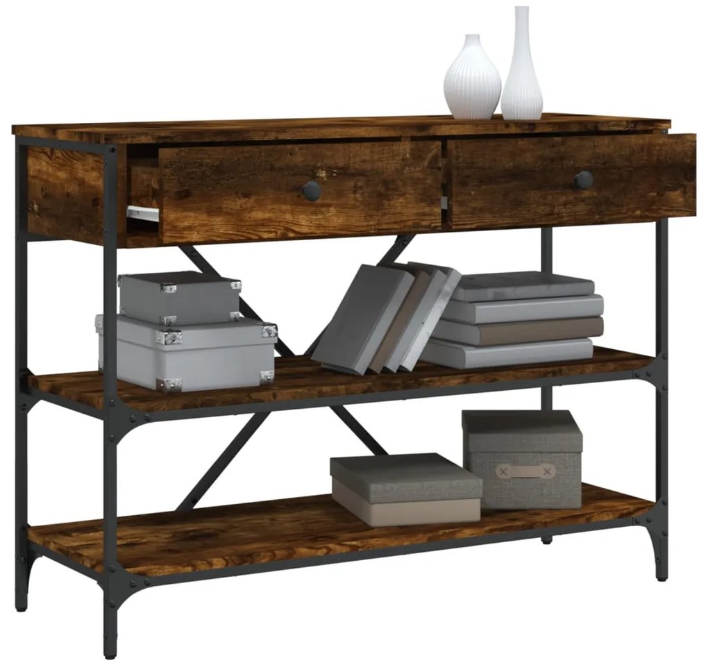 Mesa consola gavetas/prateleiras deriv. madeira carvalho fumado