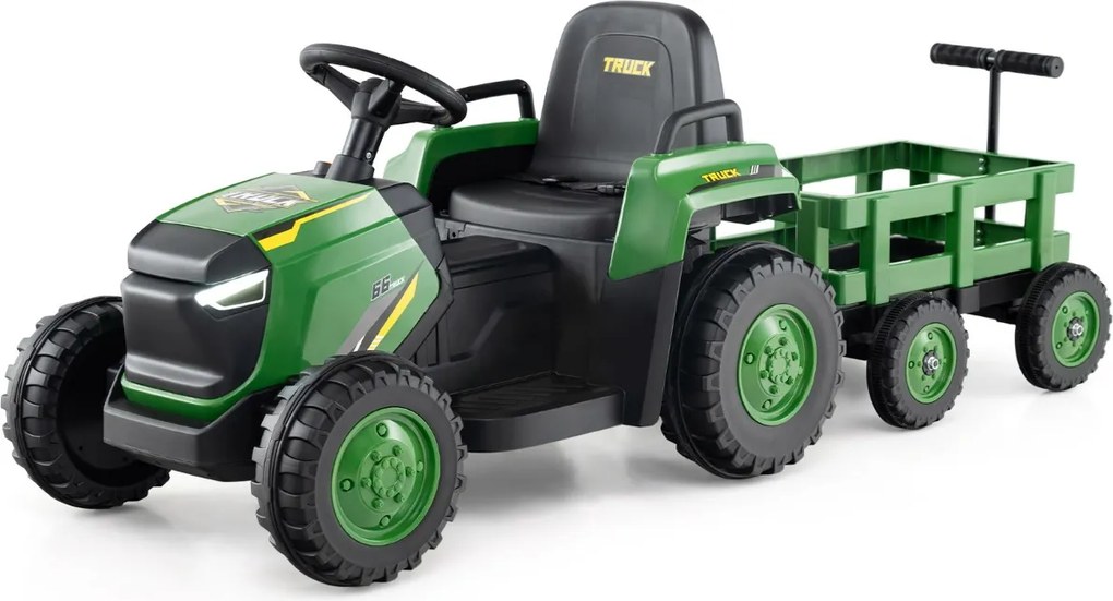 Trator Elétrico para crianças de 12V com Reboque Desmontável Comando à Distância Faróis LED Buzina Música Arranque Verde Escuro