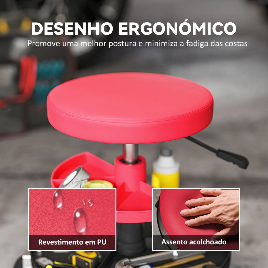 Banco de Oficina Giratório com Rodas Altura Ajustável de 40-51 cm Banco para Mecânico com 2 Bandejas para Ferramentas, Vermelho