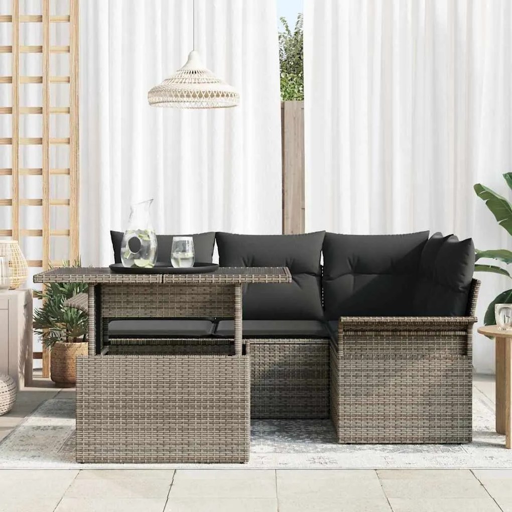 Conjunto de Sofá de Jardim de 5 Peças com Almofadas Cinzento Rattan Po