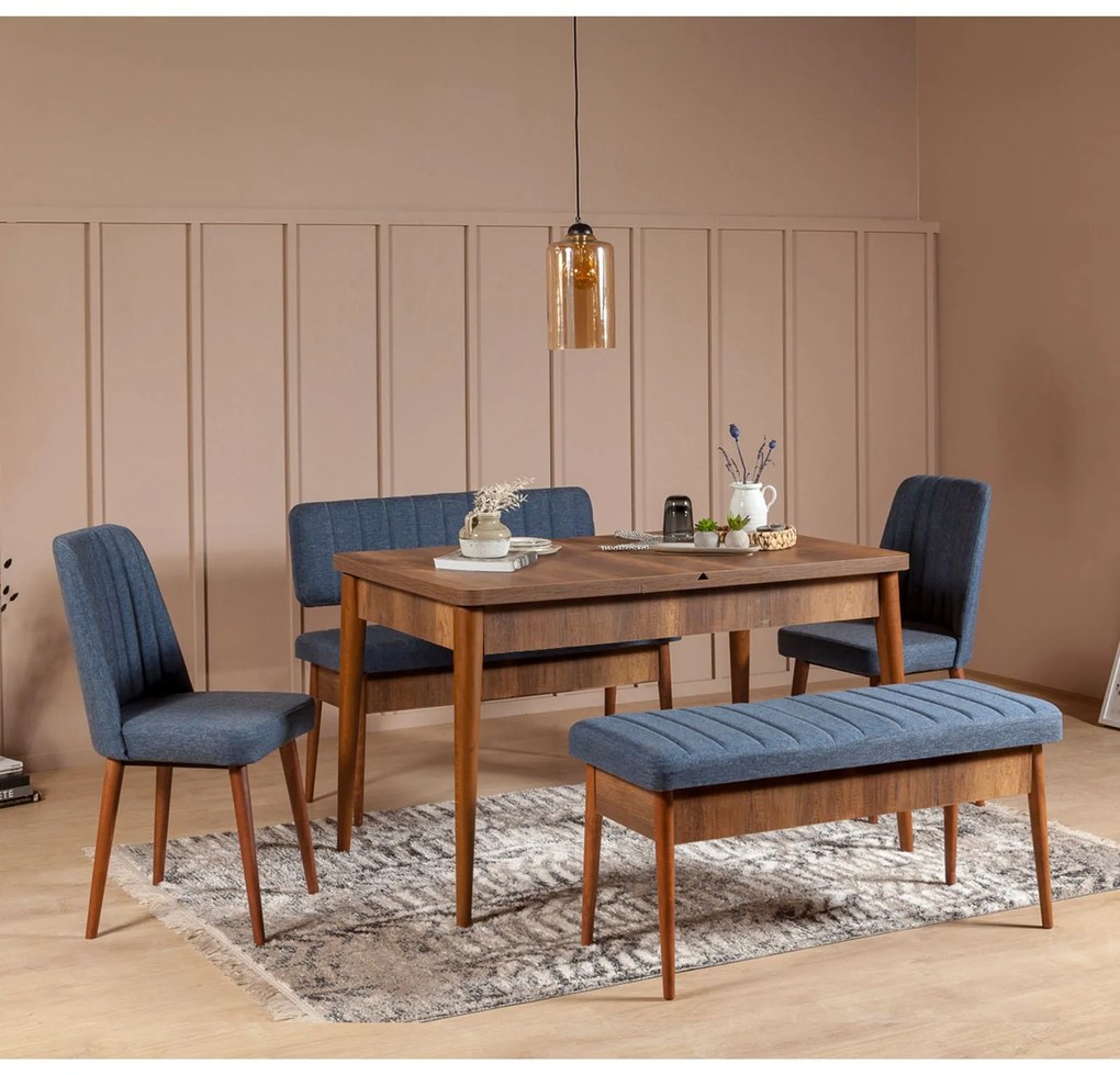 Conjunto de Mesa de Jantar Extensível e Cadeiras Vina – Nogueira e Azu