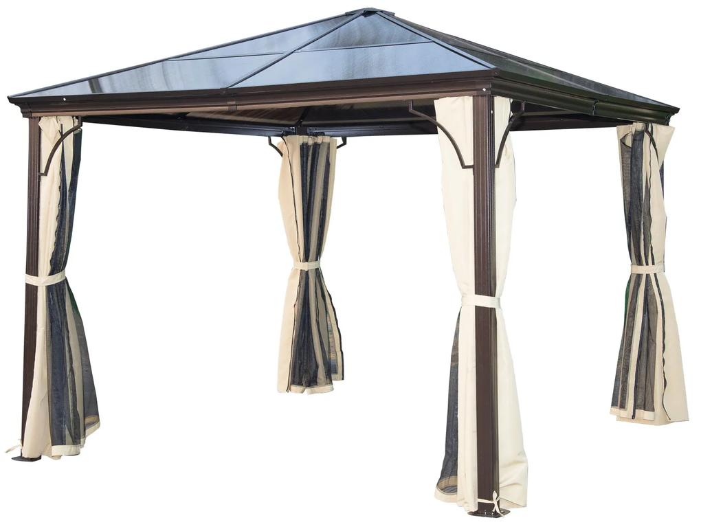 tenda de Jardim tipo gazebo com Pára-ventos e Rede mosquiteira- Cor: Café e Creme- Alumínio, Policarbonato e Poliéster- 3 x 3 m