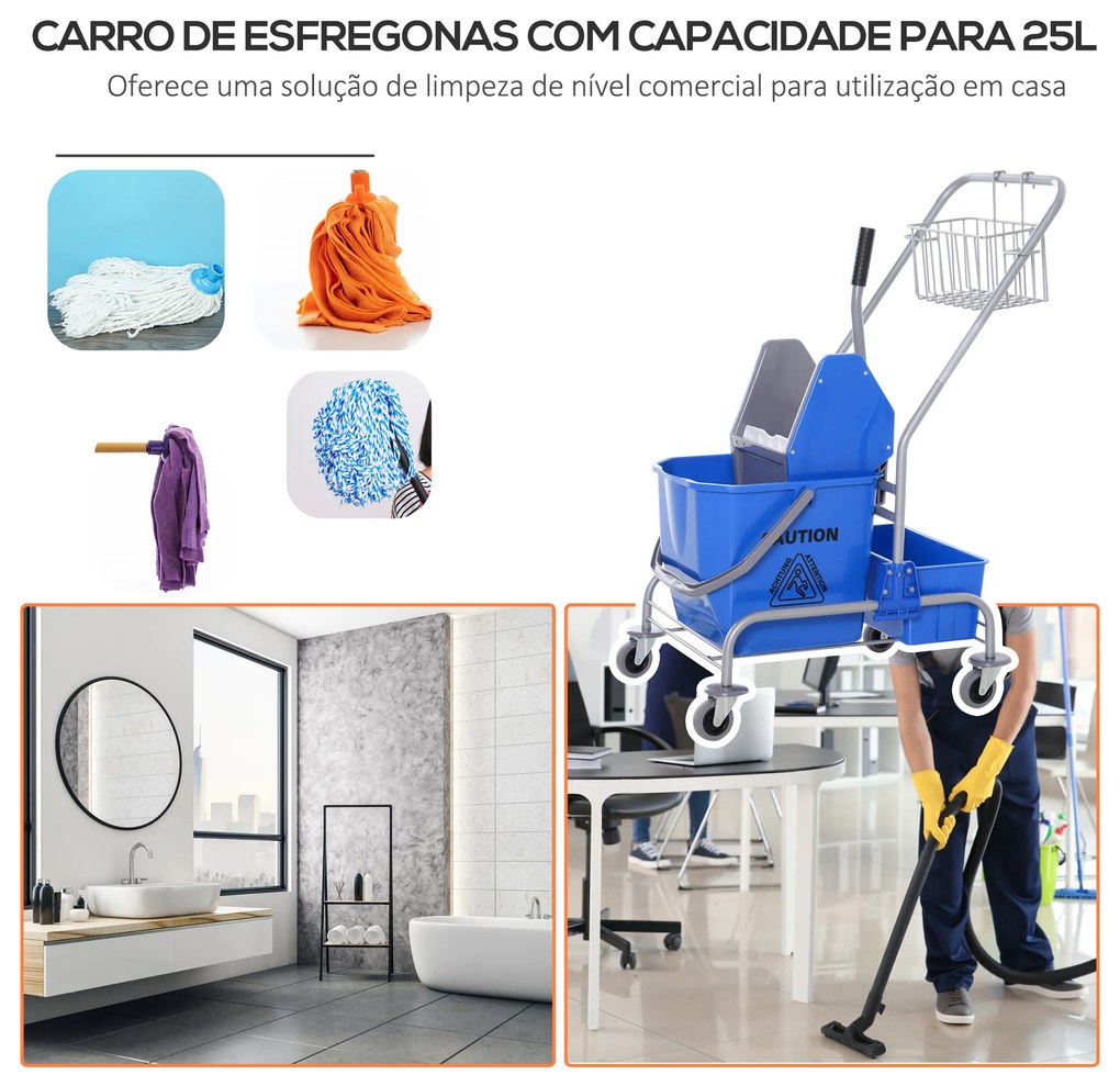 Carro de Limpeza Profissional com Rodas Balde de Esfregona Removível de 25L Espremedor Cesto e Cubeta 72x49,5x95 cm Azul