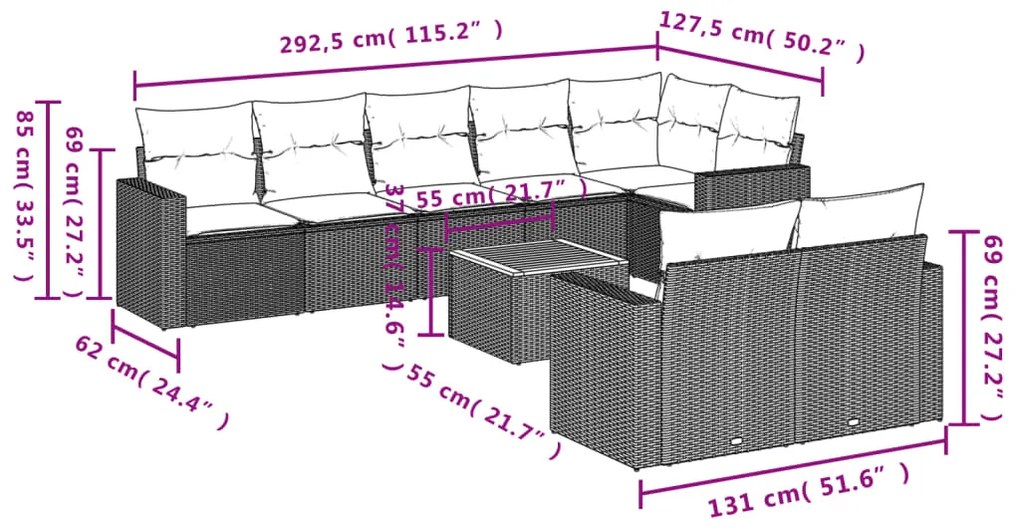 9 pcs conjunto de sofás p/ jardim com almofadões vime PE bege