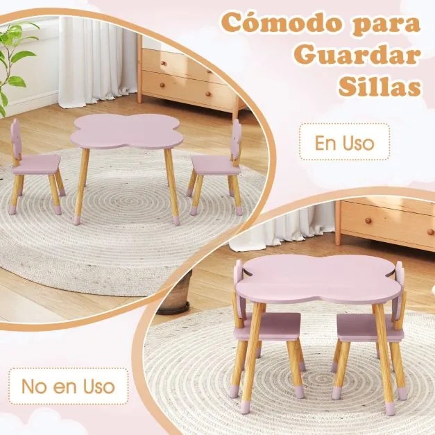 Conjunto de Mesa desenho Flor e Atividades em Madeira e 2 Cadeiras Crianças em Pinho Maciço para Crianças a partir dos 3 Anos, em Rosa e Natural