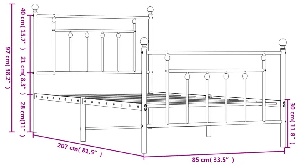 Estrutura de cama com cabeceira e pés 80x200 cm metal preto