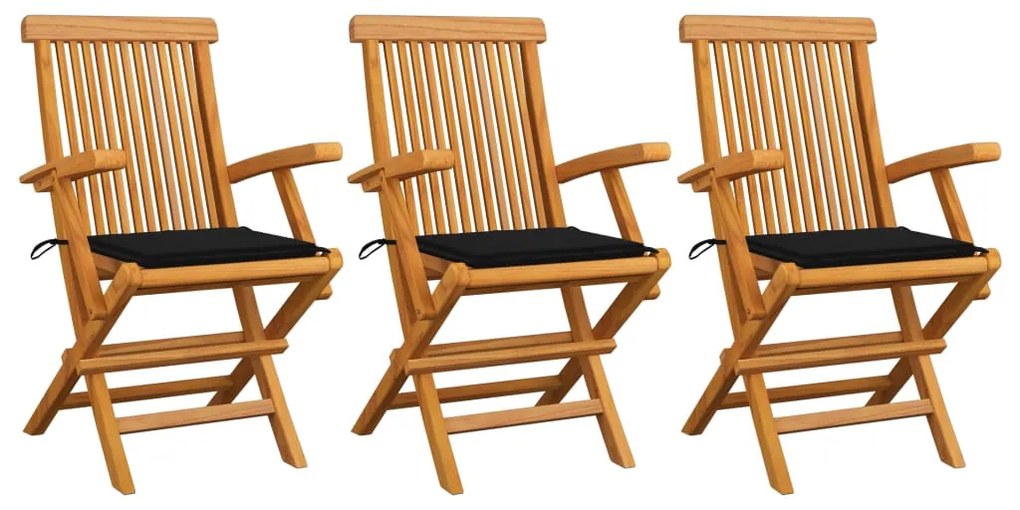vidaXL Cadeiras de jardim c/ almofadões pretos 3 pcs teca maciça