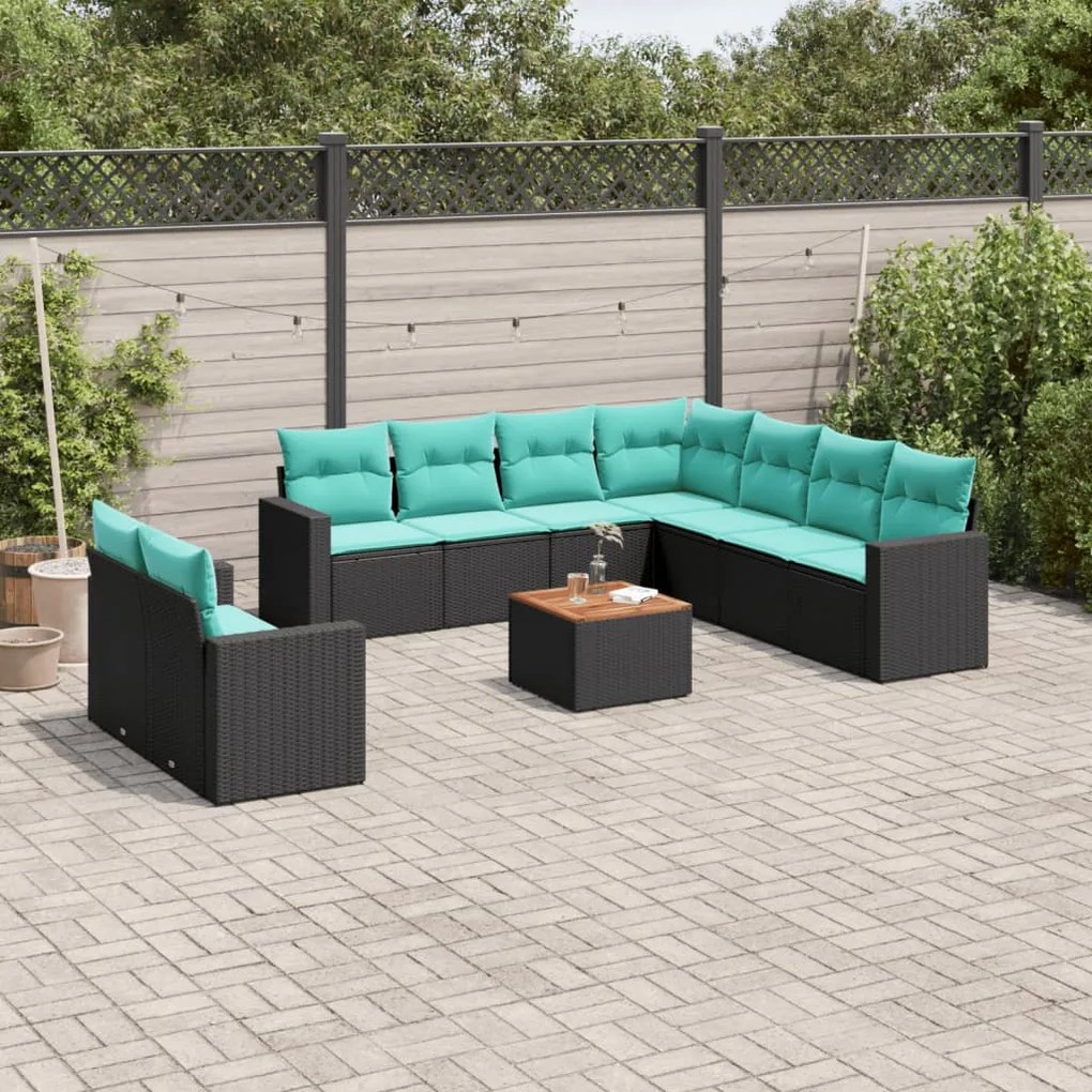 vidaXL 10 pcs conjunto de sofás p/ jardim c/ almofadões vime PE preto