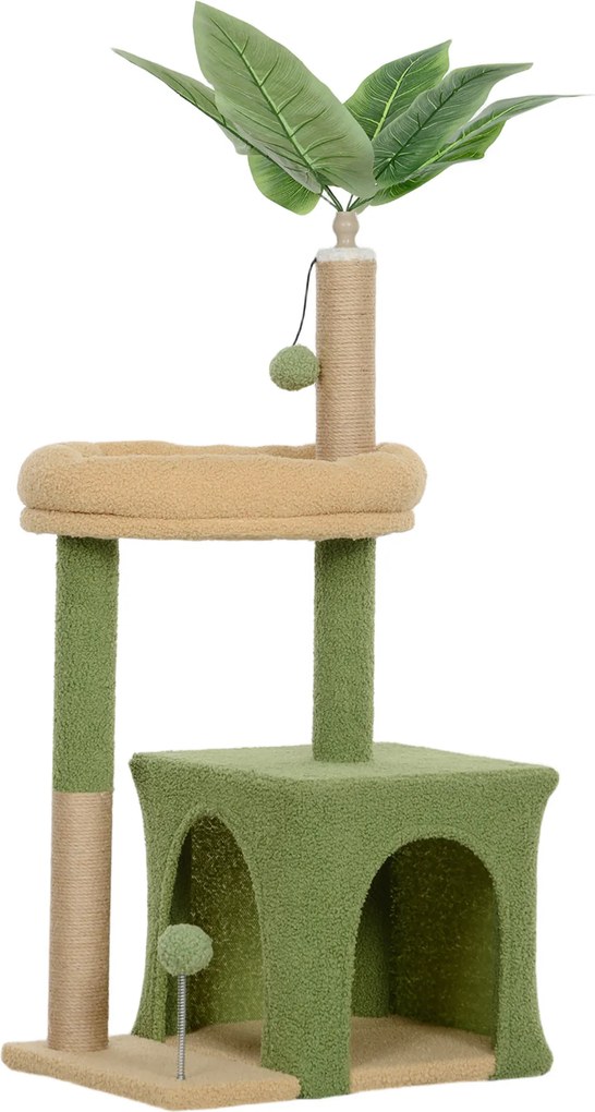 PawHut Árvore Arranhadora para Gatos 98 cm com Folhas Artificiais, Toca, Cama, Postes em Juta e 2 Bolas, Verde | Aosom Portugal