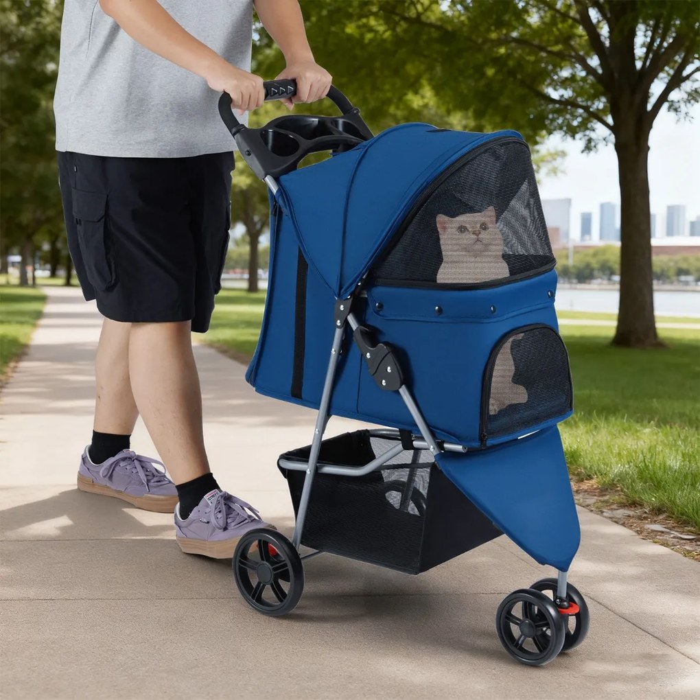 Carrinho dobrável para animais de estimação, leve, com capota ajustável, almofada lavável, cesto de armazenamento e porta-copos, 3 rodas, até 15 kg Az