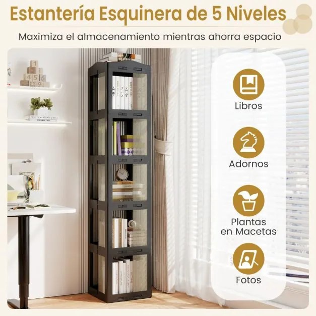Estante com base giratória giratória 360° com 5 níveis 36,5 x 36 x 174 cm em Plástico dobrável com prateleiras Preta