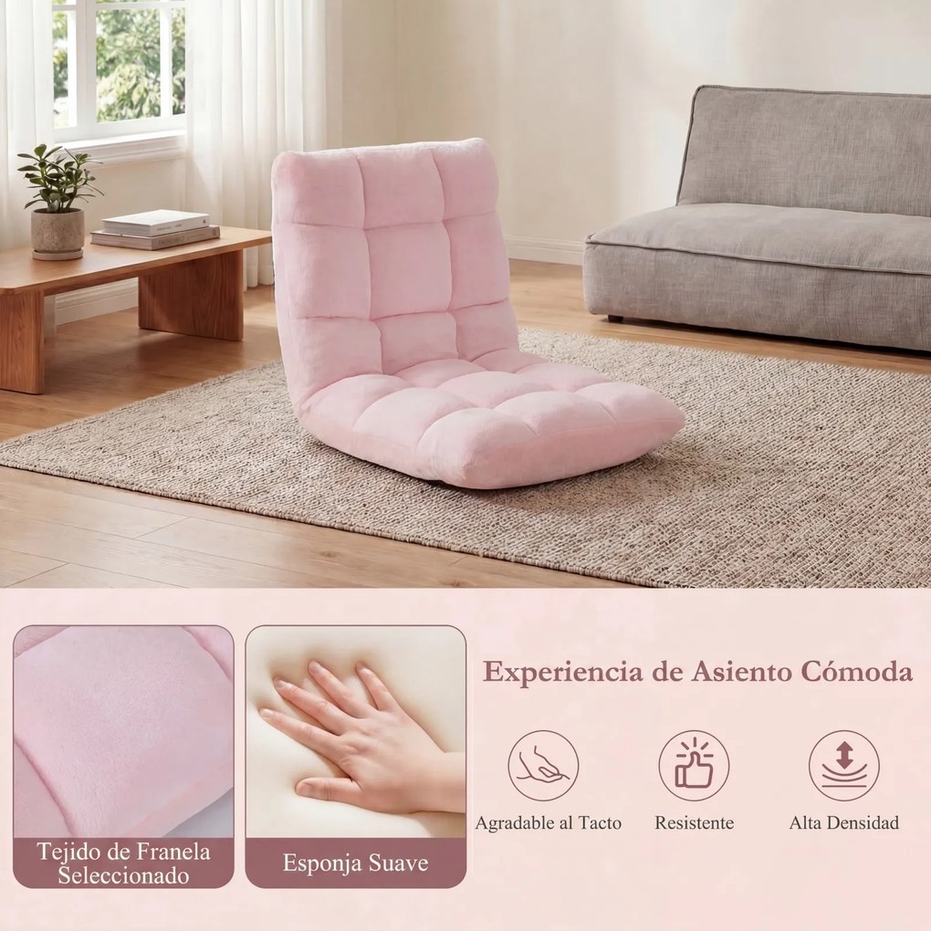 Cadeira de Chão Dobrável, 104 x 53 x 15 cm, Encosto Ajustável em 14 Posições, Rosa-claro