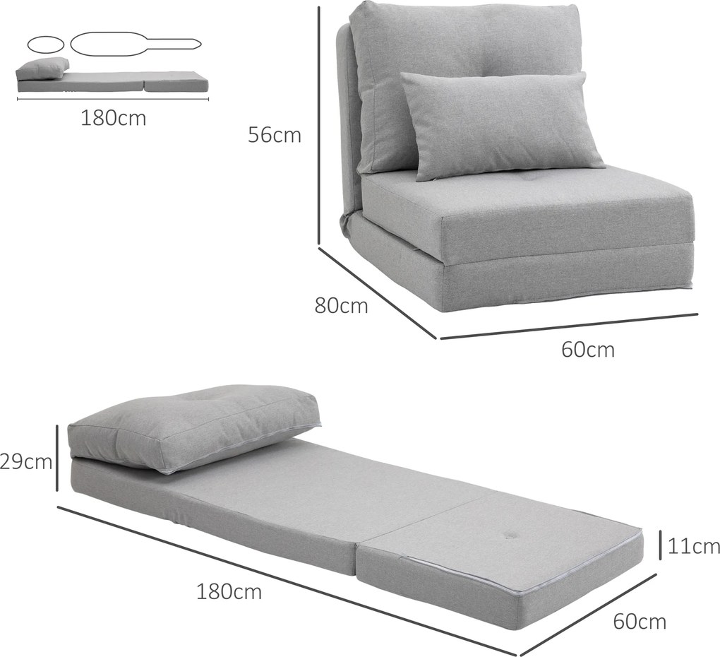Sofá-Cama Individual Dobrável Revestido em Linho com Encosto Ajustável 5 Posições 1 Almofada Cinzento Claro