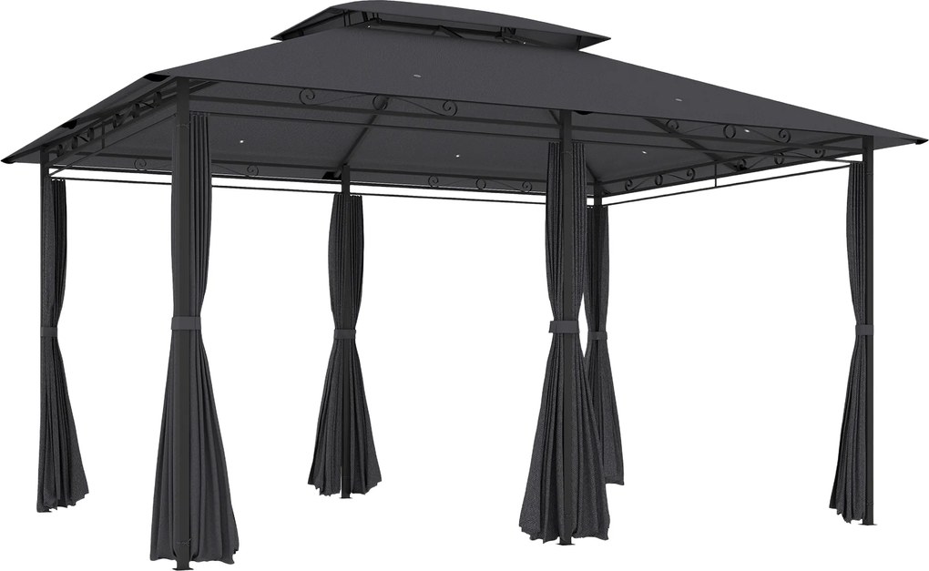 Pérgola de Jardim 3x4 m com Teto Duplo 6 Paredes Laterais Estrutura Metálica Drenagem Pérgola para Exterior  Cinzento