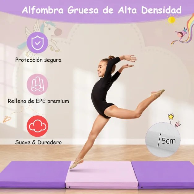 Tapete duplo portátil ginástica leve para exercícios com 3 dores e 2 lados, almofada compacta de espuma EPE para academia, 180 x 60 x 5 cm Rosa