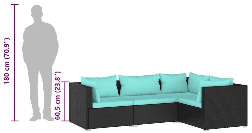4 pcs conjunto lounge de jardim c/ almofadões vime PE preto
