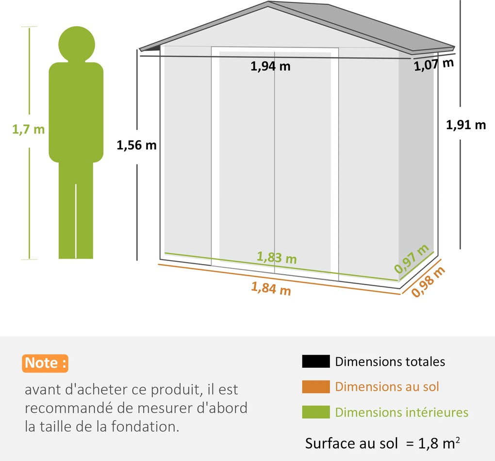 Abrigo de jardim em metal 194 x 107 x 191 cm com amplo espaço de arrumação exterior e portas de correr cinzento escuro