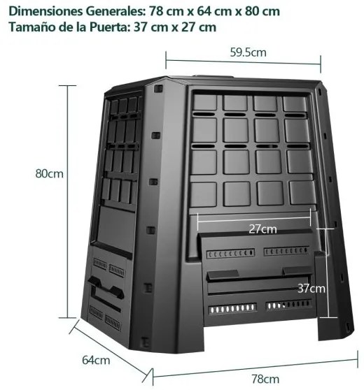 Recipente compostagem de jardim 380 L PP com tampa e ranhuras de ar ajustáveis 78 x 64 x 80 cm preto