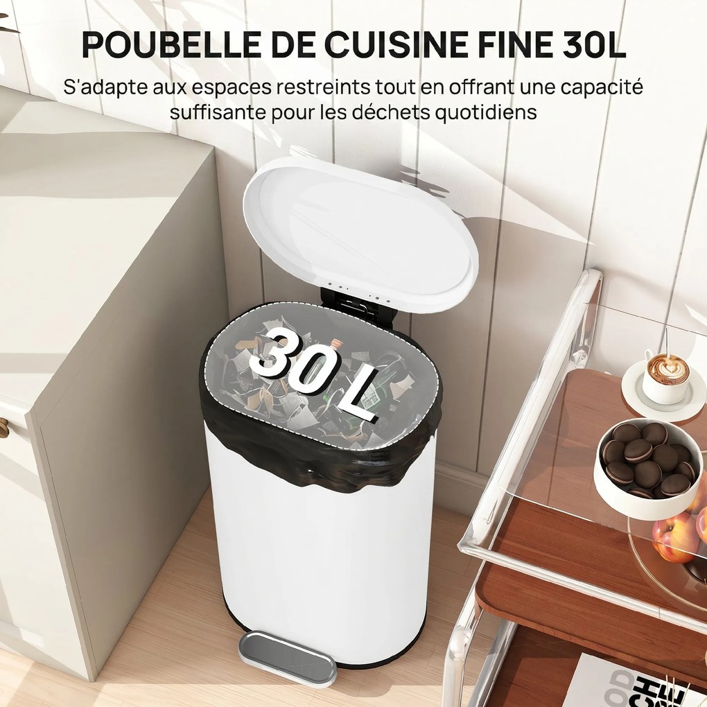 Caixote do lixo de cozinha de 30 L, com pedal, balde interior removível, tampa com fecho suave, 36,5 x 31 x 61 cm, branco
