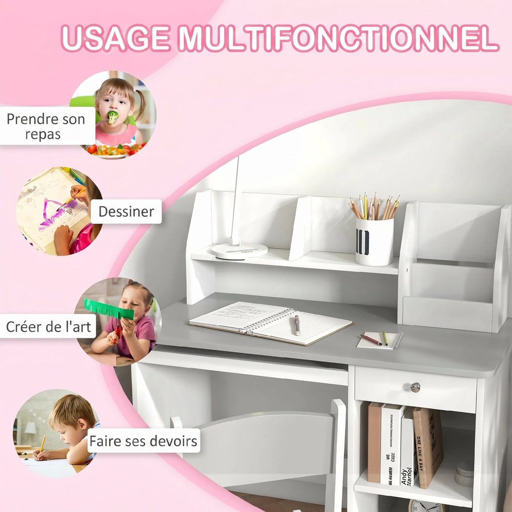 Conjunto de Secretária Infantil e Cadeira Ergonómica, 90 x 45 x 90 cm, Espaços de Arrumação, Cinzento