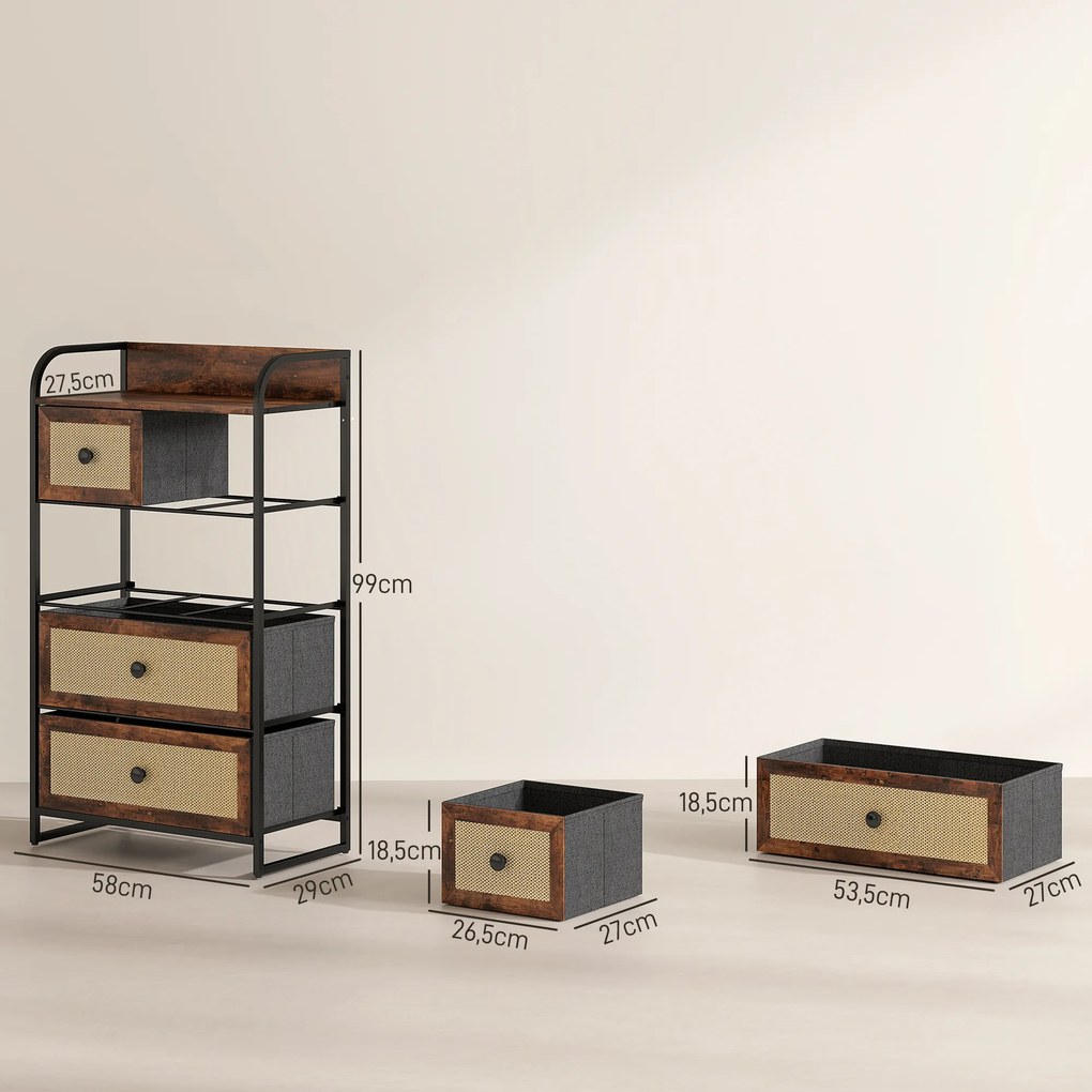 Cómoda de Tecido para Quarto com 5 Gavetas com Frente em Vime e Prateleira 58x29x99 cm Castanho Rústico