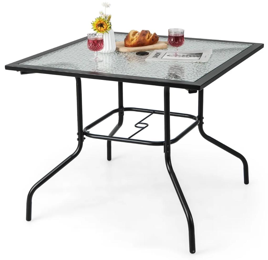 Mesa de jantar para pátio com tampo de vidro temperado com furo para guarda-sol e estrutura de metal 89 x 89 x 72 cm preta