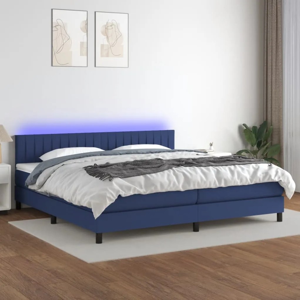 Cama box spring c/ colchão e LED 200x200 cm tecido azul