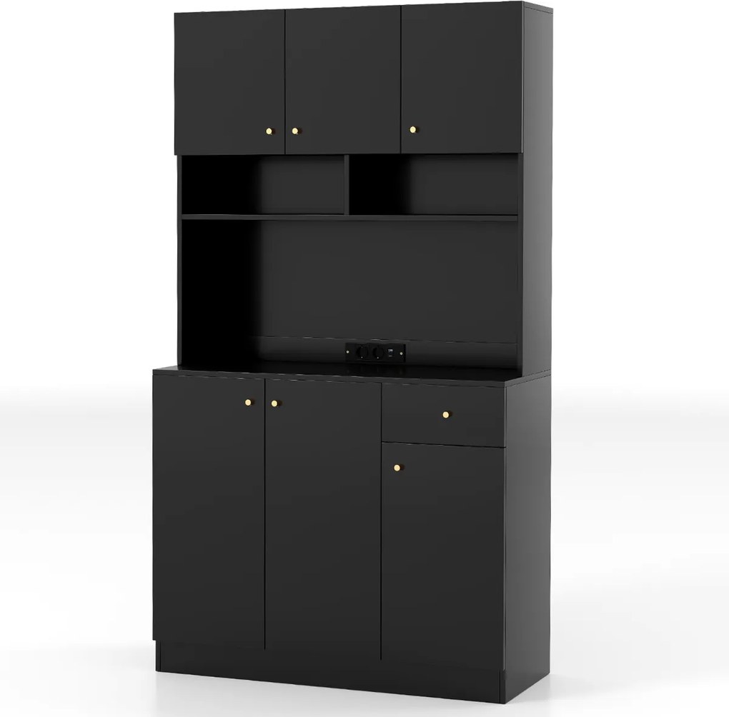 Armário de Cozinha / despensa 100 x 40 x 181 cm com tomadas elétricas, portas USB preto