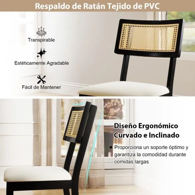 Conjunto de 2 cadeiras de jantar em rattan para cozinha, tecido acolchoado, pernas em madeira, encosto curvo, estilo rústico, preto e bege