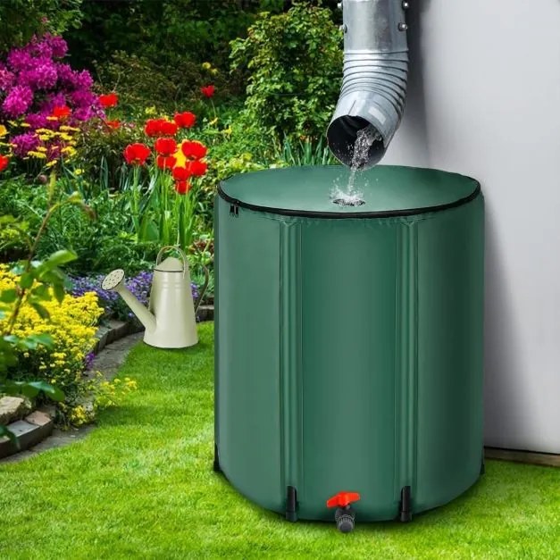 Deposito agua de chuva dobrável 225 L Depósito de água com torneira, válvula de drenagem e filtro para irrigação, pesca, campismo 60 x 80 cm Verde