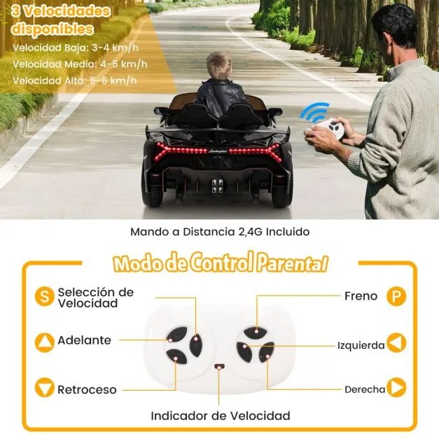 Carro Elétrico para Crianças 3-8 Anos Lamborghini 12V com Controlo Remoto 3 Velocidades Luzes LED Rodas e Música Preto