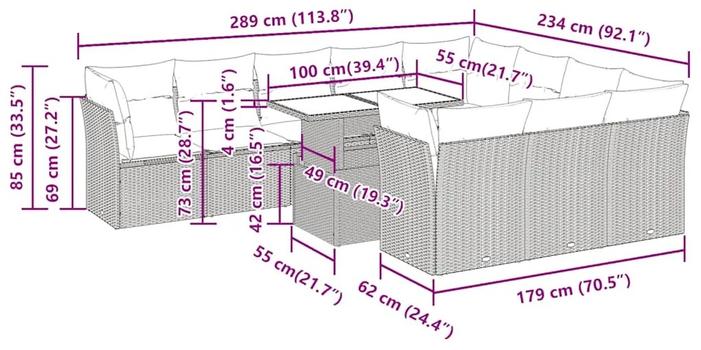 11 pcs conjunto sofás de jardim c/ almofadões vime PE cinzento
