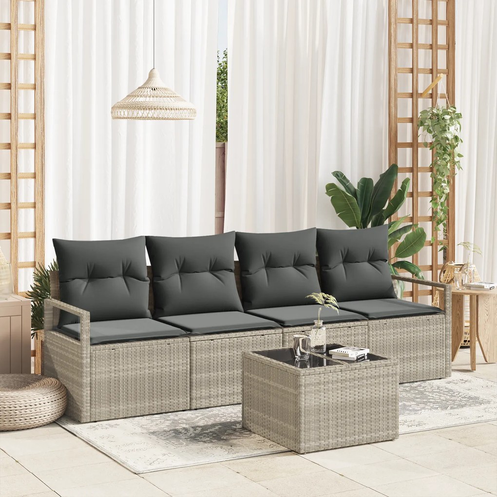 Conjunto de Sofá de Jardim vidaXL 5 Peças com Almofadas Cinza Claro Po