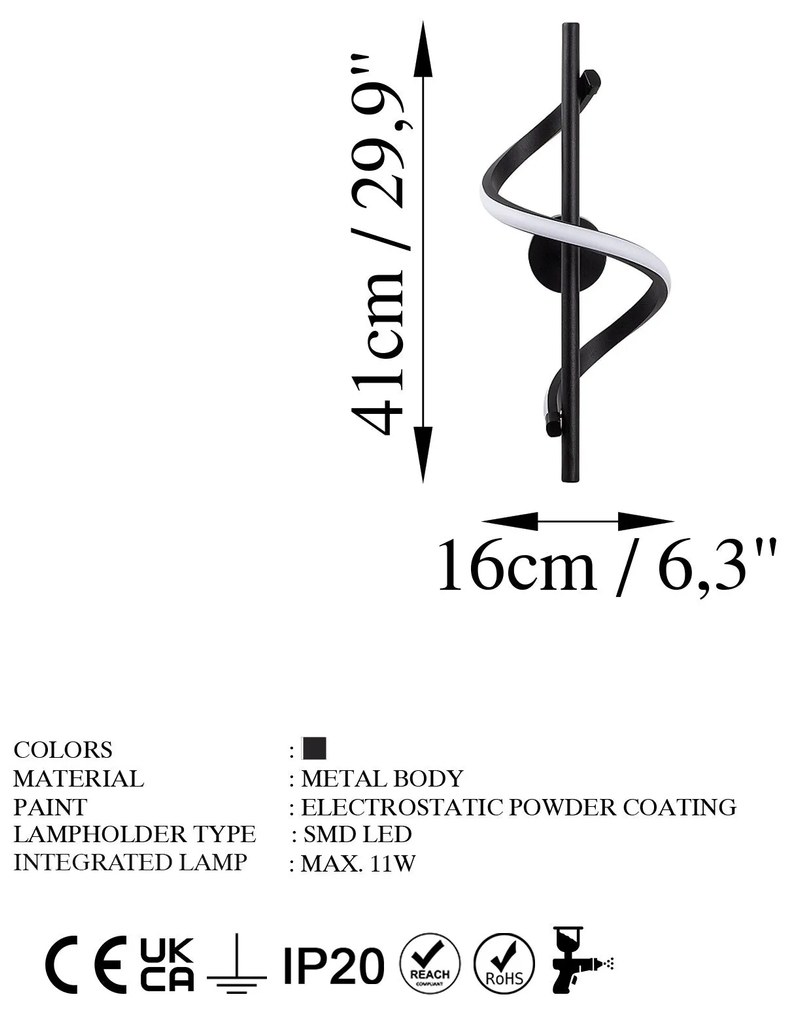 Candeeiro de Parede Likma - Preto - 16cm x 41cm x 25cm