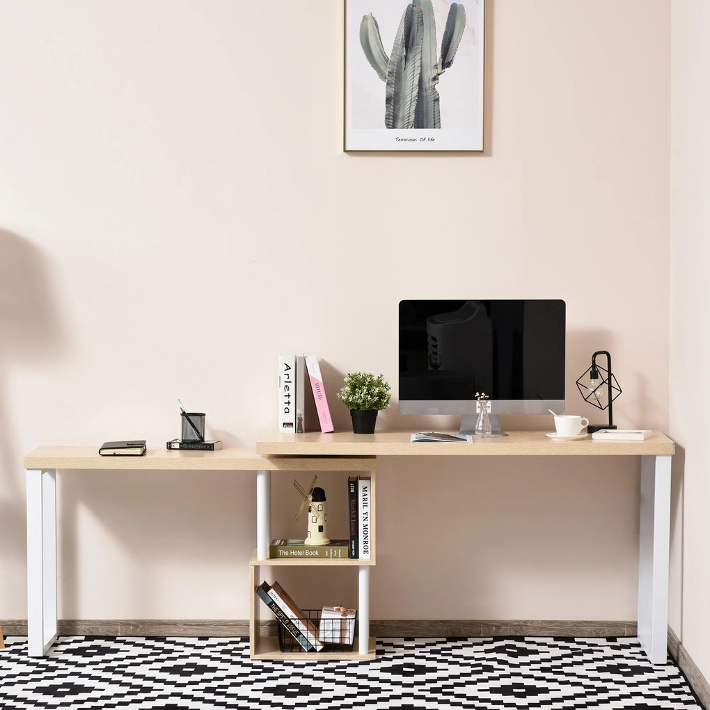HOMCOM Secretária em forma de L Mesa giratória de 360º para computador várias formas com prateleira de 2 níveis em S Grande espaço de armazenamento 220x55x76 cm Carvalho