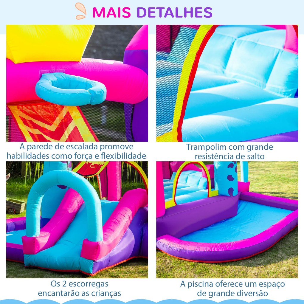 Outsunny Castelo Insuflável com Escorrega Trampolim Piscina e Cesta de para Crianças acima de 3 Anos Inclui Inflador e Bolsa de Transporte para Interior e Exterior 300x270x200cm Multicor