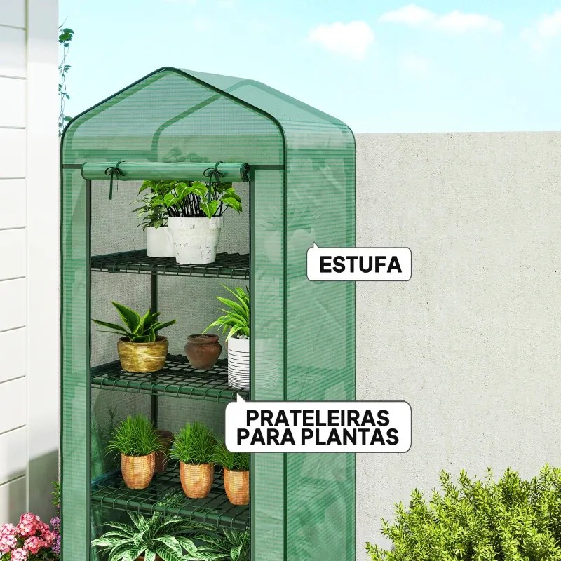 Estufa de Exterior com 4 Prateleiras e Rodas Porta Enrolável Estrutura em Aço e Cobertura de PE 140g/㎡ Anti-UV 69x50x165 cm Verde